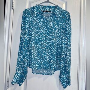 Zara Leopard Print Blue and White Button Down Shirt